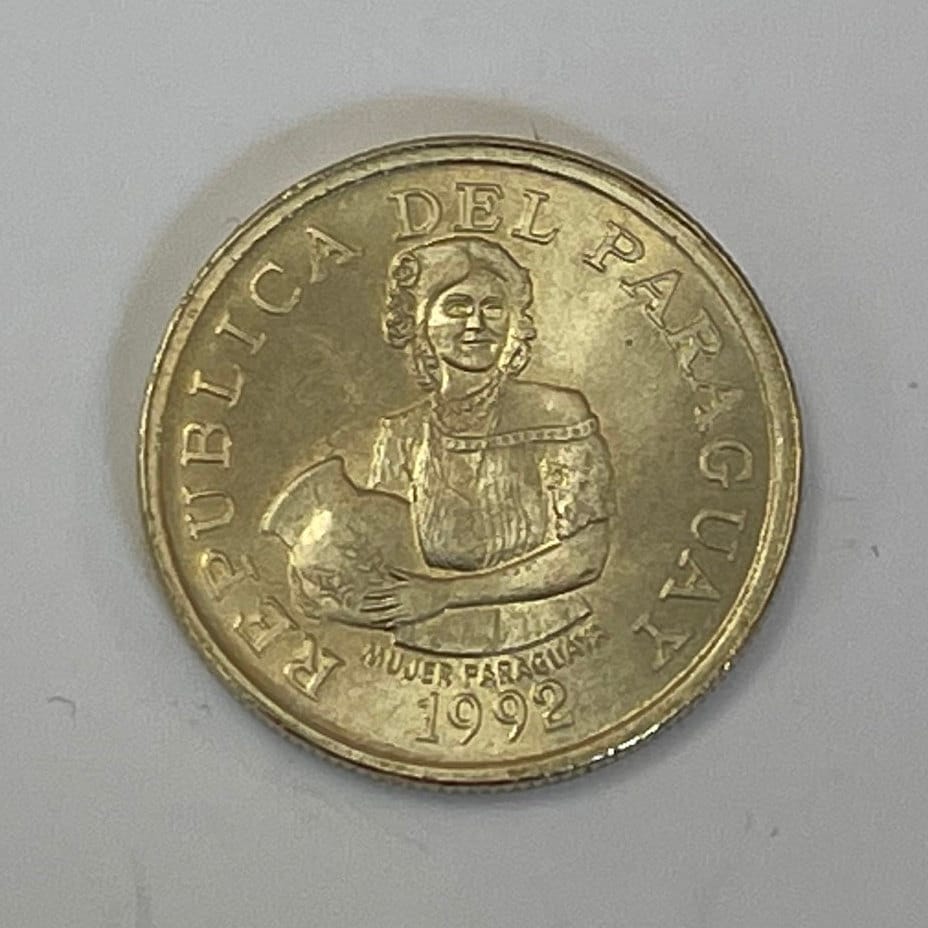 Woman w/Jug 5 Guaranies Paraguay Authentic Coin Money for Jewelry and Craft Making (Cotton Plant)