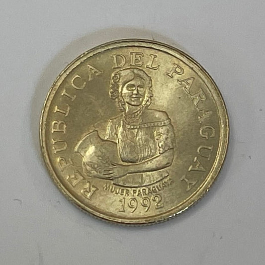 Woman w/Jug 5 Guaranies Paraguay Authentic Coin Money for Jewelry and Craft Making (Cotton Plant)