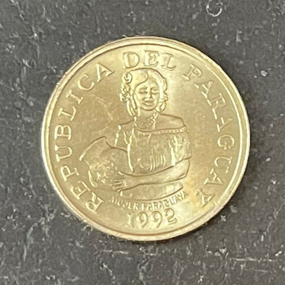 Woman w/Jug 5 Guaranies Paraguay Authentic Coin Money for Jewelry and Craft Making (Cotton Plant)