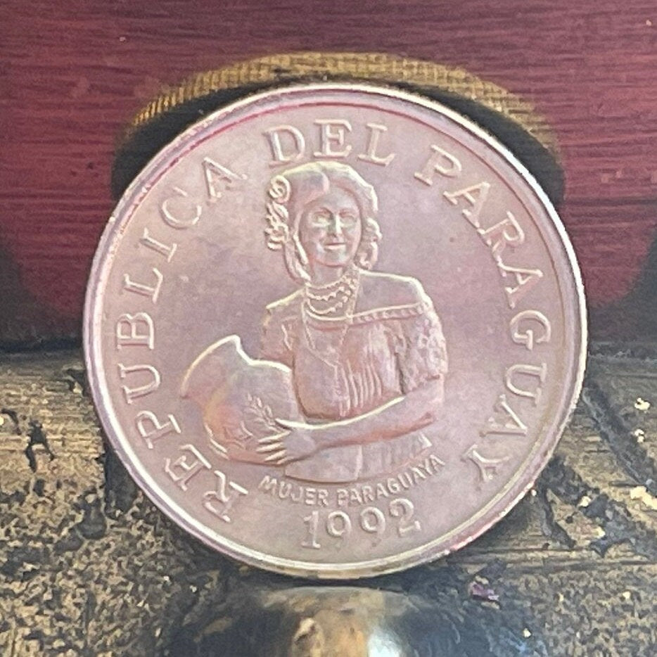 Woman w/Jug 5 Guaranies Paraguay Authentic Coin Money for Jewelry and Craft Making (Cotton Plant)