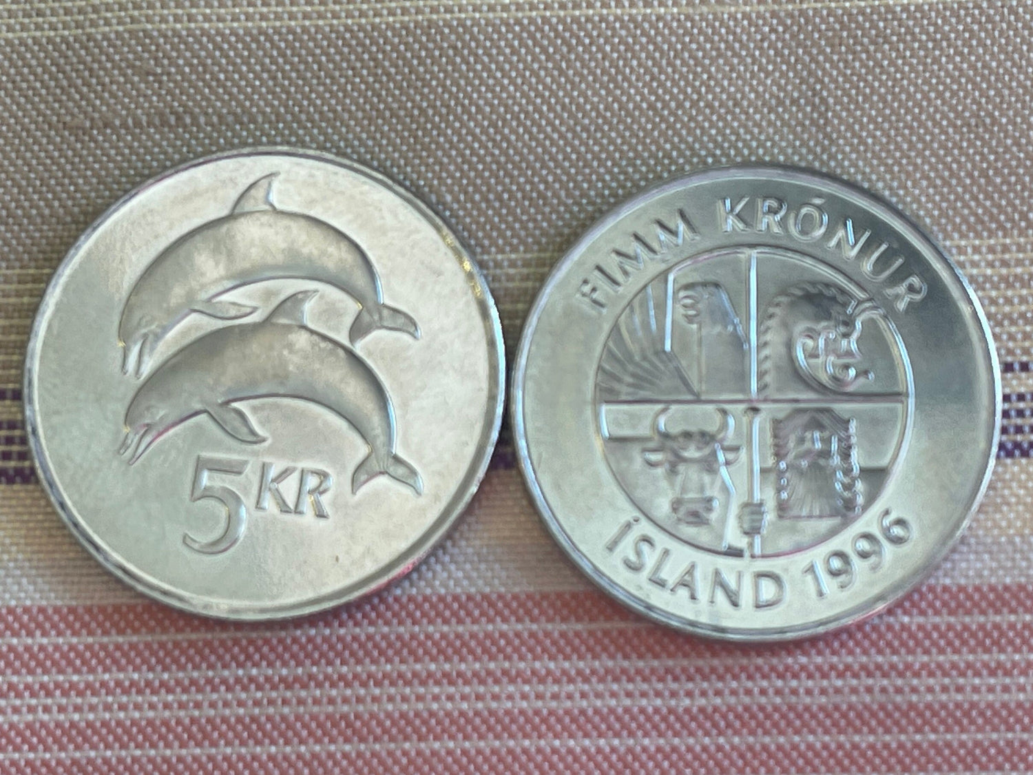 Two Dolphins 5 Kronur Iceland Authentic Coin Money for Jewelry and Craft Making