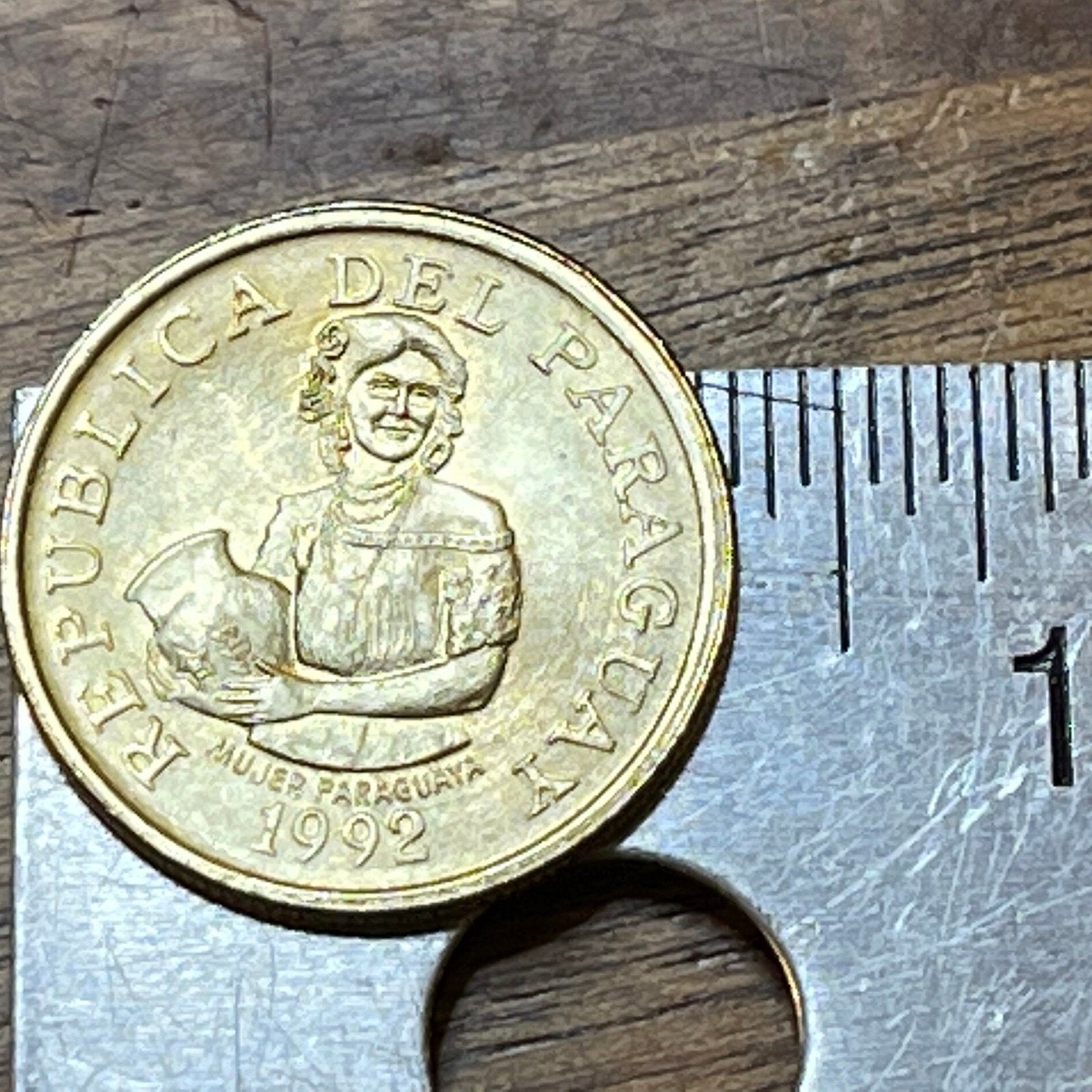Woman w/Jug 5 Guaranies Paraguay Authentic Coin Money for Jewelry and Craft Making (Cotton Plant)