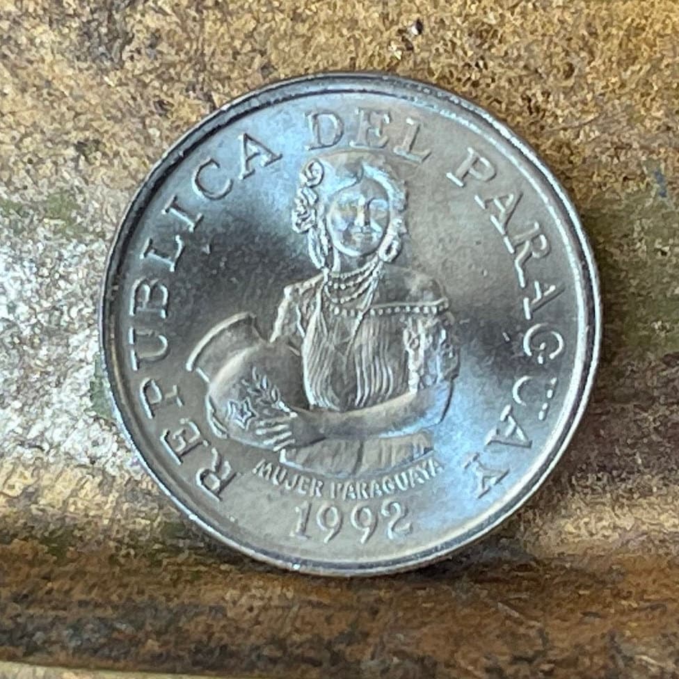 Woman w/Jug 5 Guaranies Paraguay Authentic Coin Money for Jewelry and Craft Making (Cotton Plant)