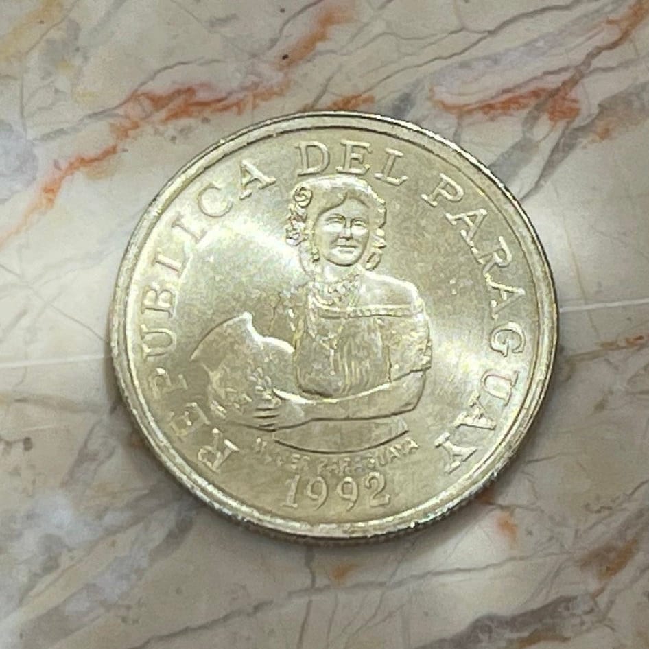 Woman w/Jug 5 Guaranies Paraguay Authentic Coin Money for Jewelry and Craft Making (Cotton Plant)