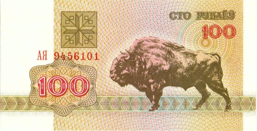Bison 100 Rublei Belarus Authentic Banknote for Craft Making (Wisent) (European Bison) (Pahonia) (Buffalo)