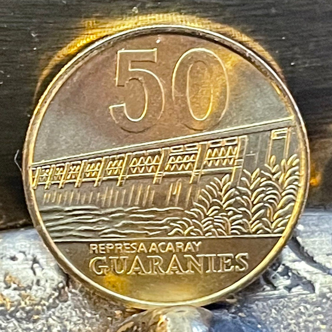 Acaray River Dam Paraguay 50 Guaranies Authentic Coin Money for Jewelry and Craft Making (Marshal José Félix Estigarribia)