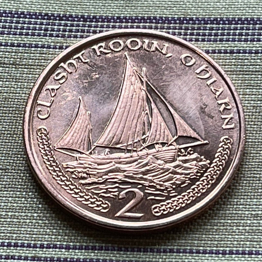 Manx Nobby Lugger Fishing Boat 2 Pence Isle of Man Authentic Coin Money for Jewelry and Craft Making