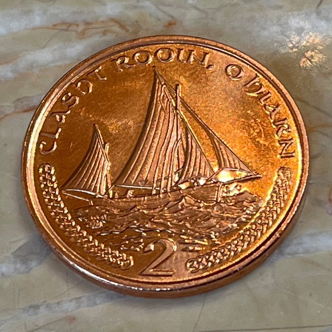 Manx Nobby Lugger Fishing Boat 2 Pence Isle of Man Authentic Coin Money for Jewelry and Craft Making