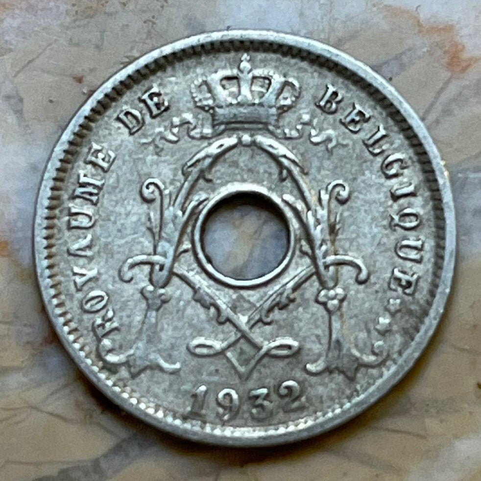 Olive Branch & Hole 5 Centimes Belgium Authentic Coin Money for Jewelry and Craft Making (Peace)