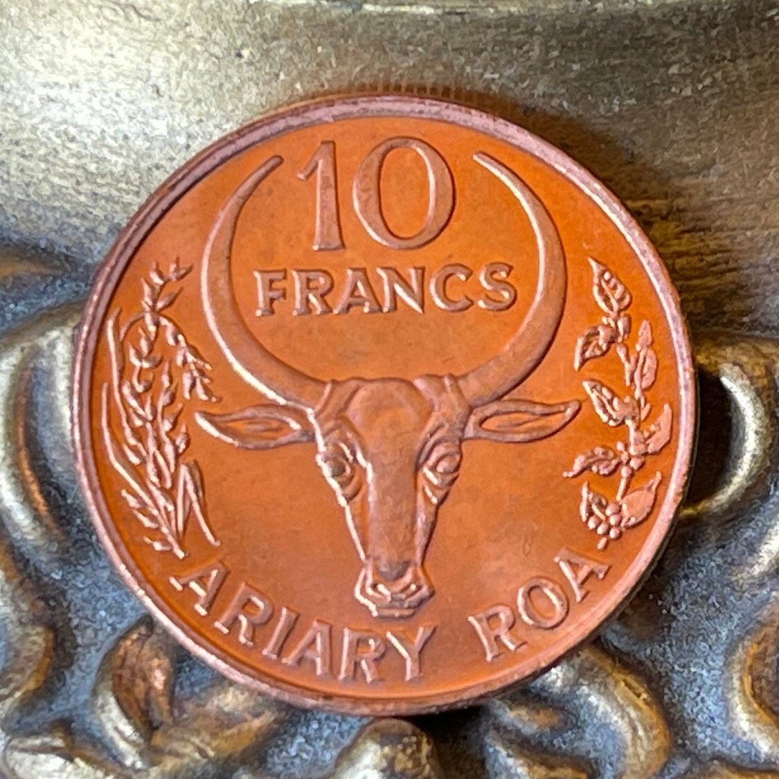 Vanilla and Zebu 10 Francs Madagascar Authentic Coin Money for Jewelry and Craft Making (2 Ariary) (Omby)