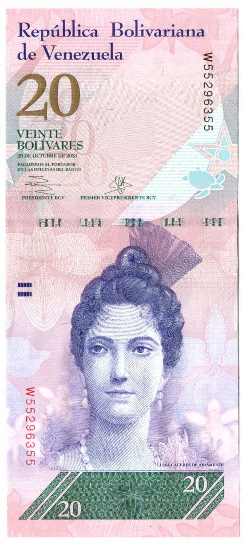 Luisa Cáceres de Arismendi 20 Bolivares Venezuela Authentic Banknote for Craft Making (Hawksbill Sea Turtles)