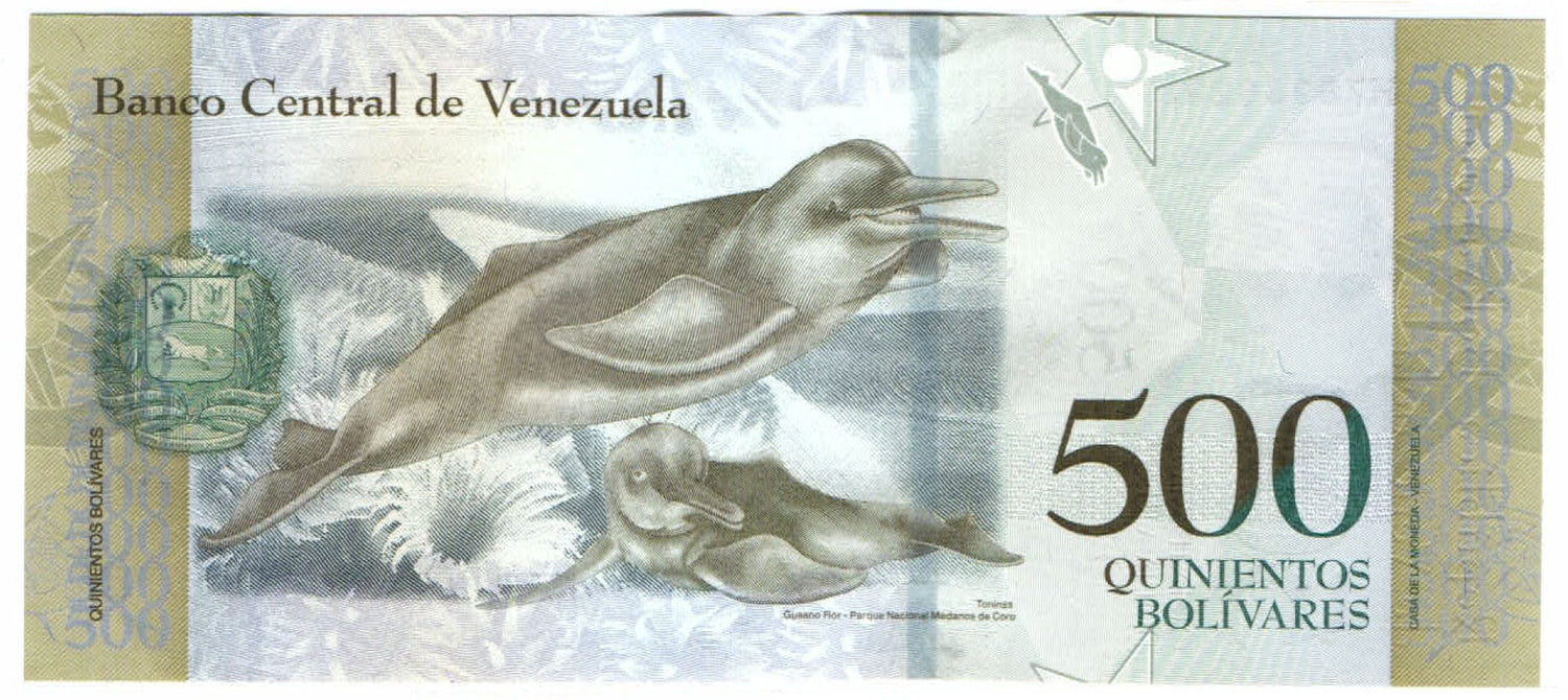 Amazon River Dolphins 500 Bolivares Venezuela Authentic Banknote for Craft Making (Francisco de Miranda)