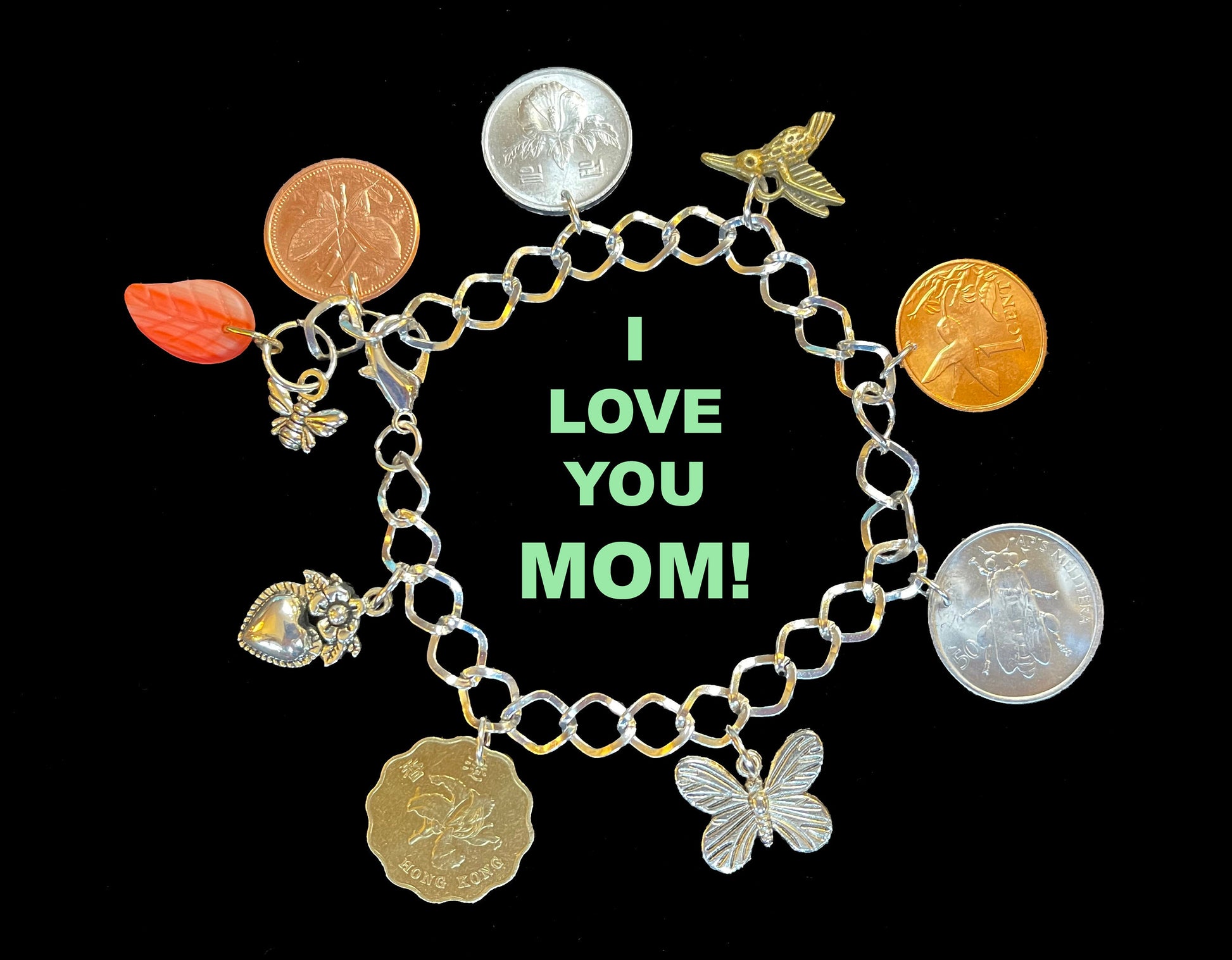 Coin Charm silver designer bracelet - Mothers Day - garden bee orchid rose hummingbird heart - hand-blown glass - adjustable w lobster clasp