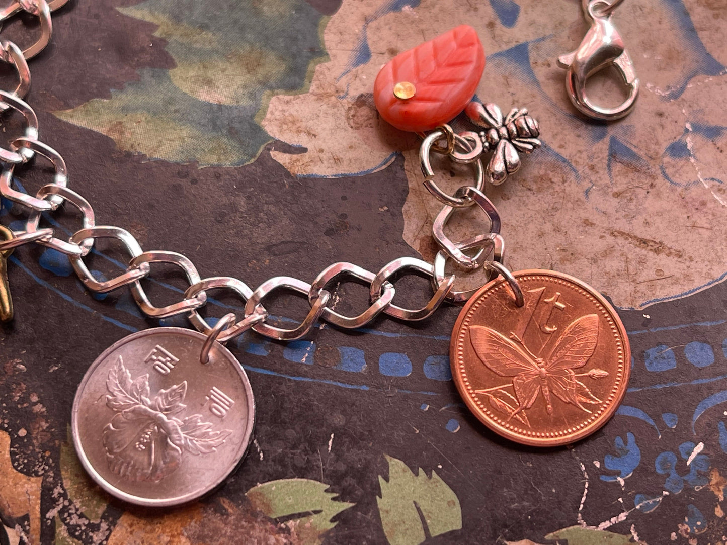 Coin Charm silver designer bracelet - Mothers Day - garden bee orchid rose hummingbird heart - hand-blown glass - adjustable w lobster clasp