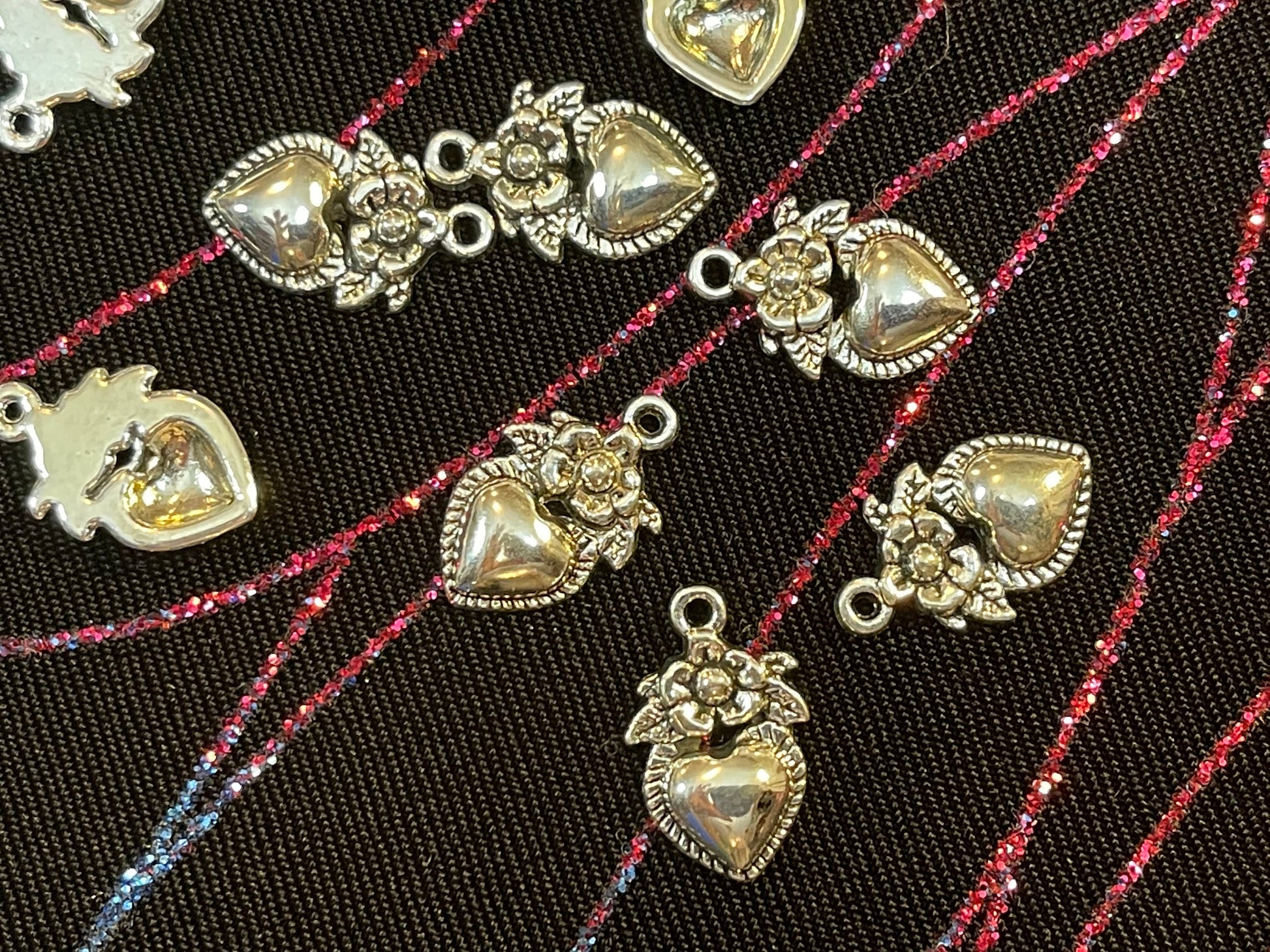 Antique silver sacred heart and flower charms - 18 x 11 mm - romantic heart, floral w/ leaves, choose two or six charms –pendant charm drop