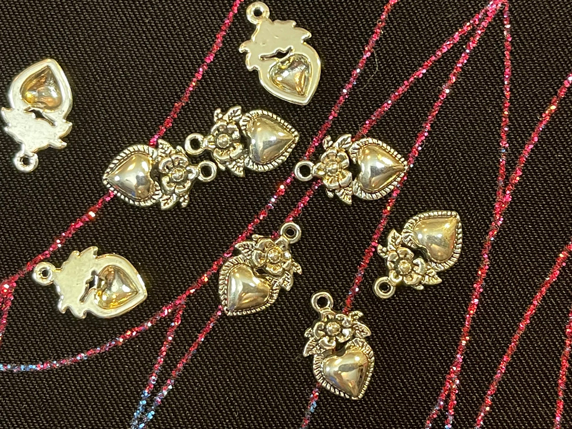 Antique silver sacred heart and flower charms - 18 x 11 mm - romantic heart, floral w/ leaves, choose two or six charms –pendant charm drop