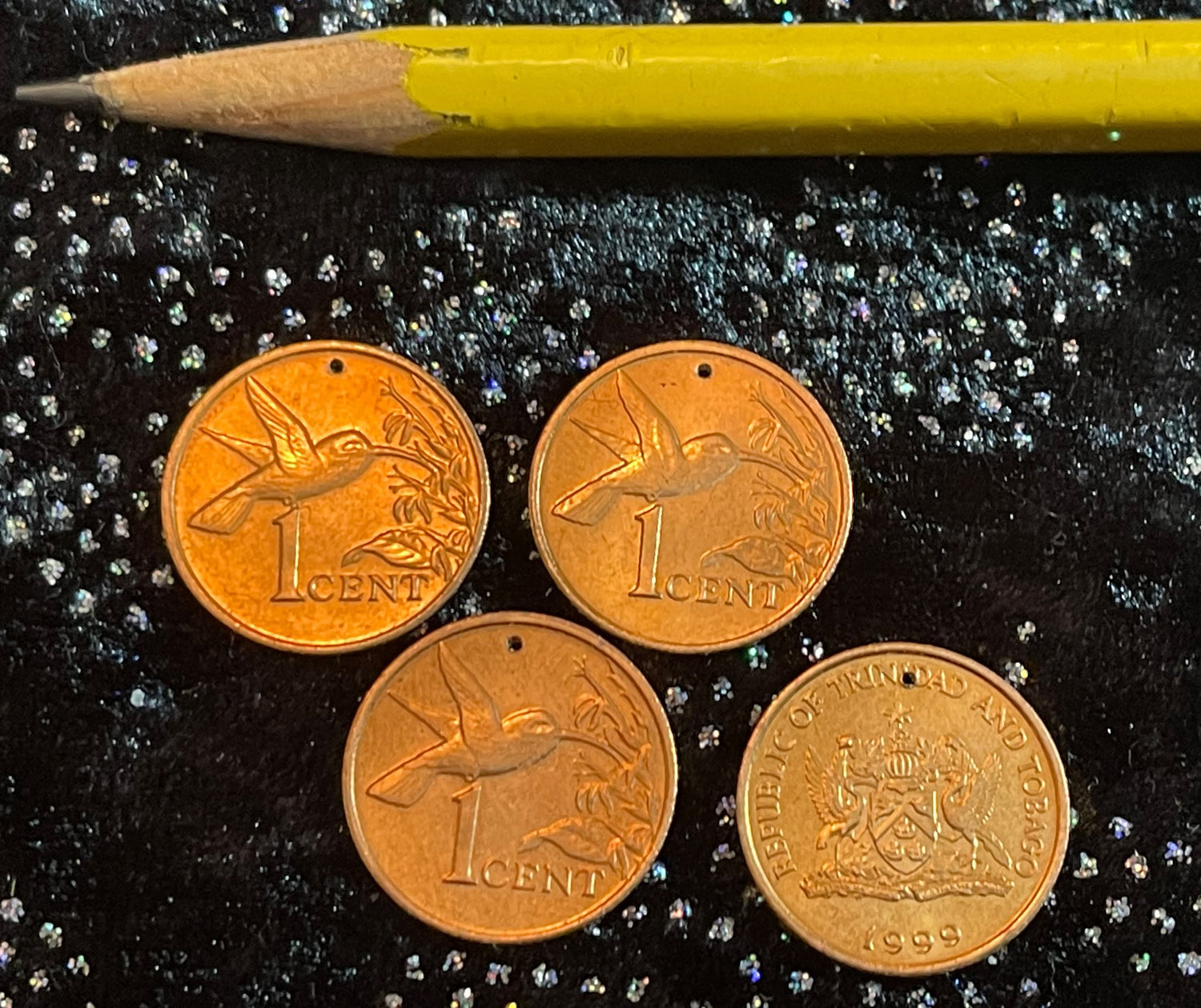 Hummingbird in flight Trinidad Tobago  One Cent Authentic copper Coin - Money for Jewelry and Craft Making - drilled coin - Coin charm