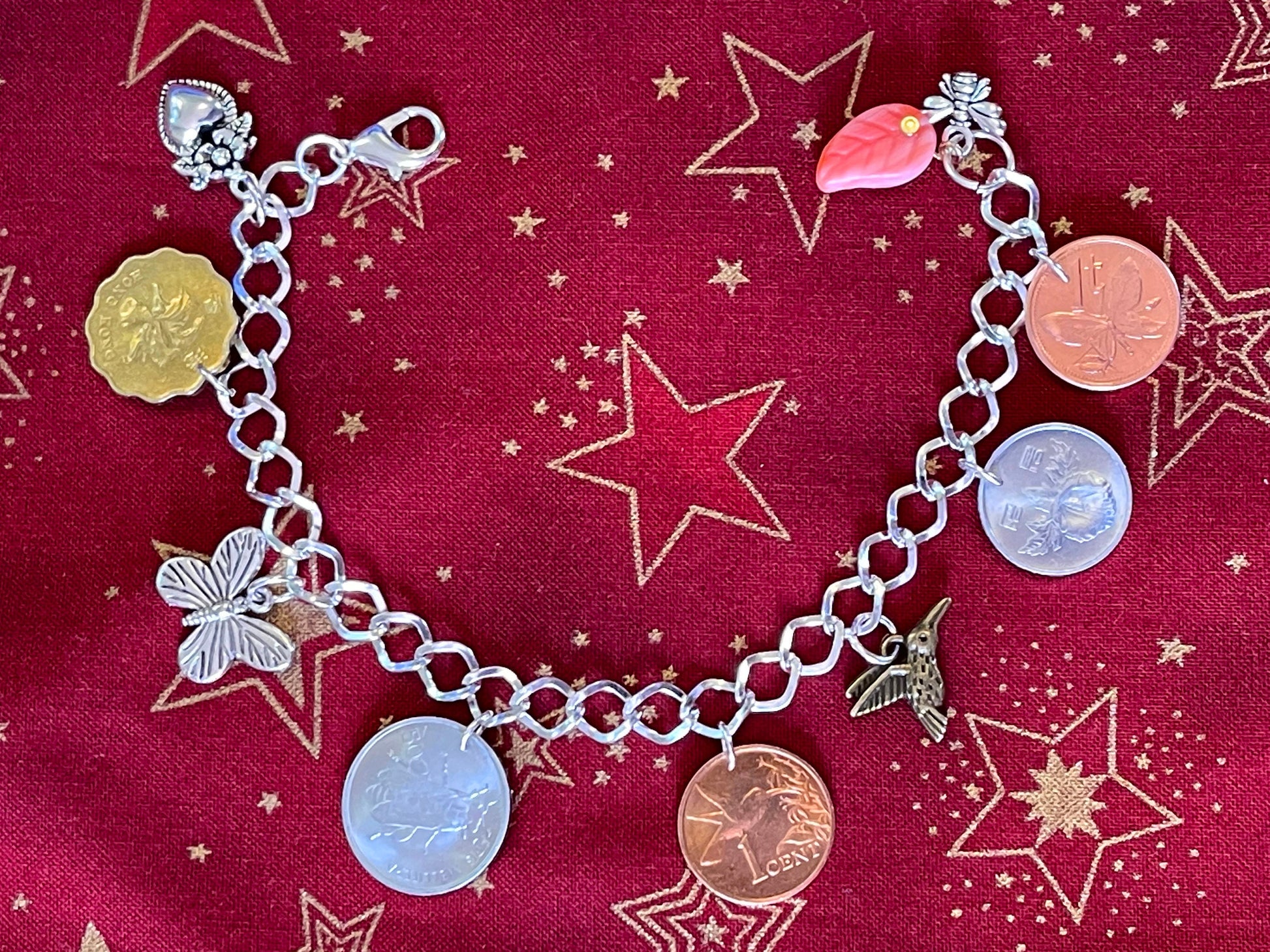 Coin Charm silver designer bracelet - Mothers Day - garden bee orchid rose hummingbird heart - hand-blown glass - adjustable w lobster clasp
