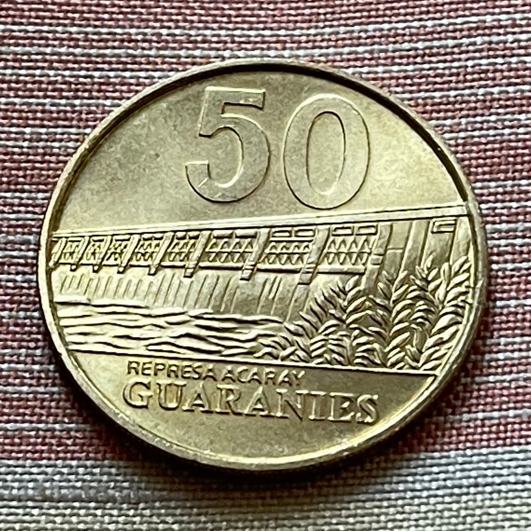 Acaray River Dam Paraguay 50 Guaranies Authentic Coin Money for Jewelry and Craft Making (Marshal José Félix Estigarribia)