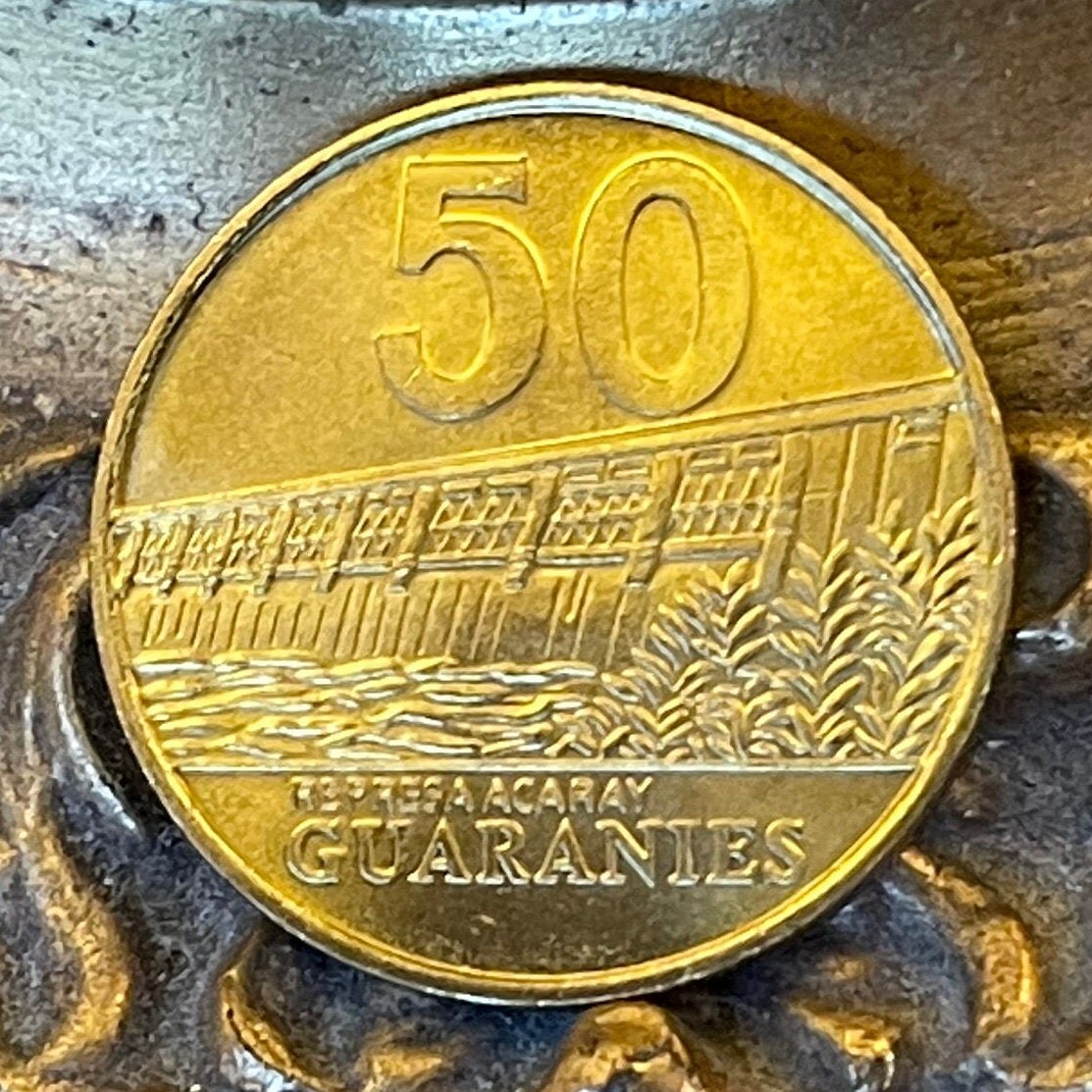 Acaray River Dam Paraguay 50 Guaranies Authentic Coin Money for Jewelry and Craft Making (Marshal José Félix Estigarribia)