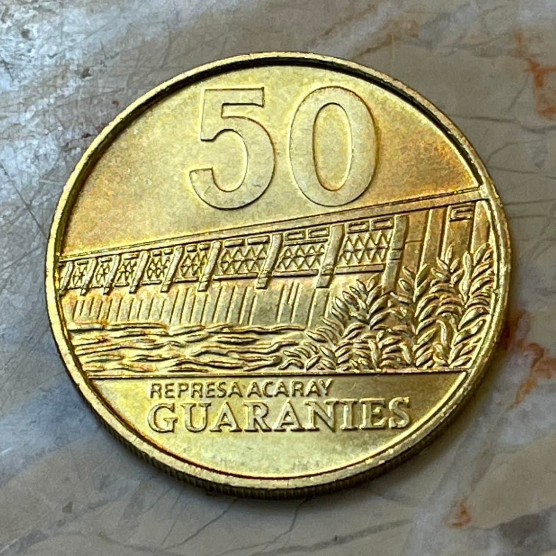 Acaray River Dam Paraguay 50 Guaranies Authentic Coin Money for Jewelry and Craft Making (Marshal José Félix Estigarribia)