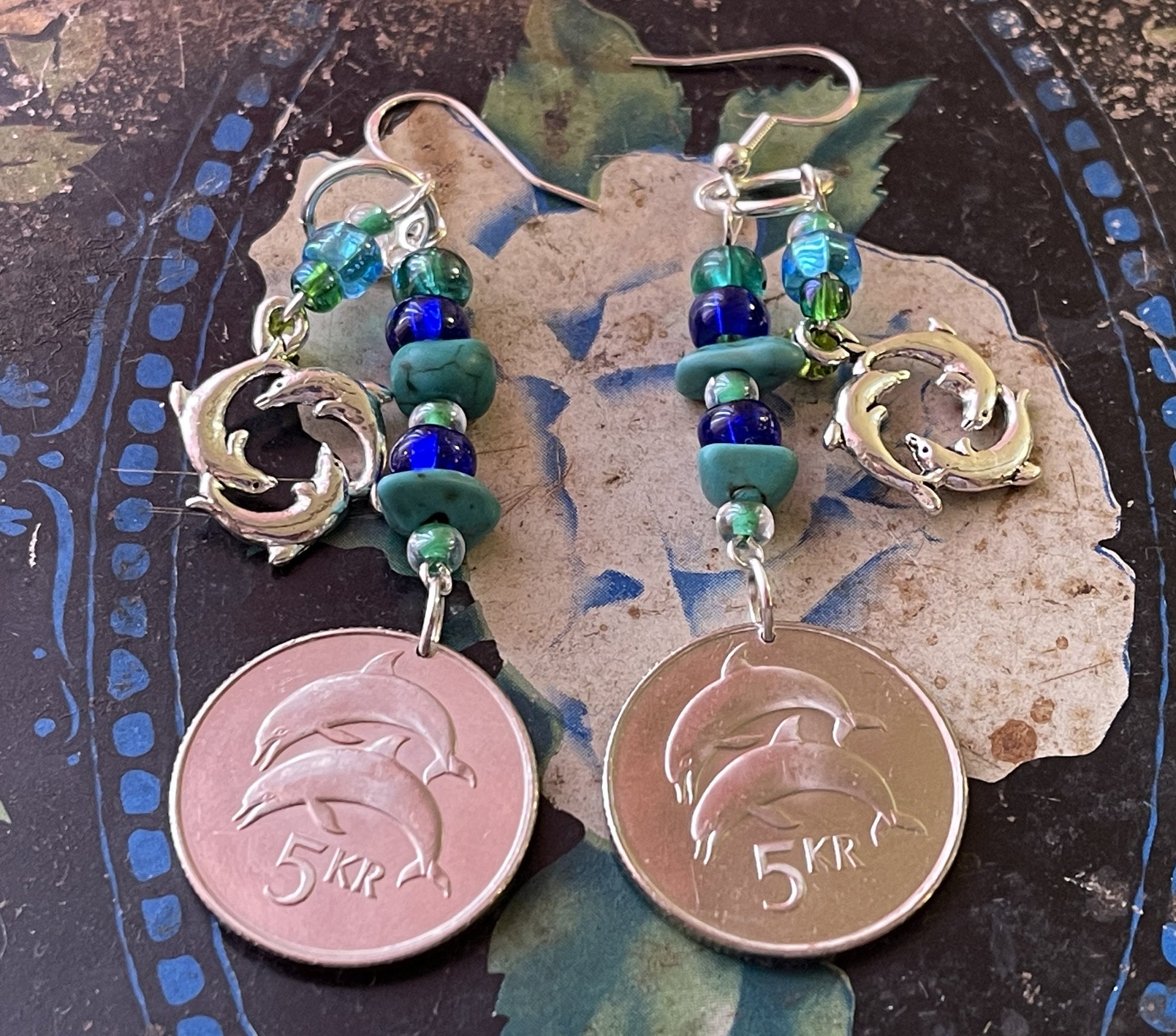 Dolphin coins dangle earrings - Earth Day Sterling Silver plated designer jewelry - Three dolphins sea life charm - blue glass turquoise gem
