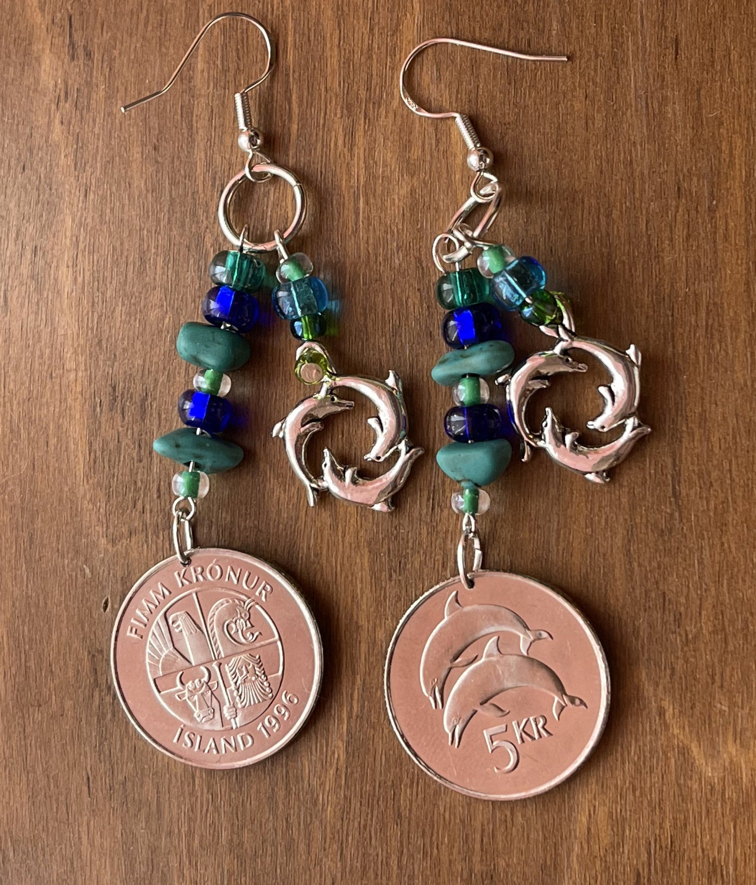 Dolphin coins dangle earrings - Earth Day Sterling Silver plated designer jewelry - Three dolphins sea life charm - blue glass turquoise gem