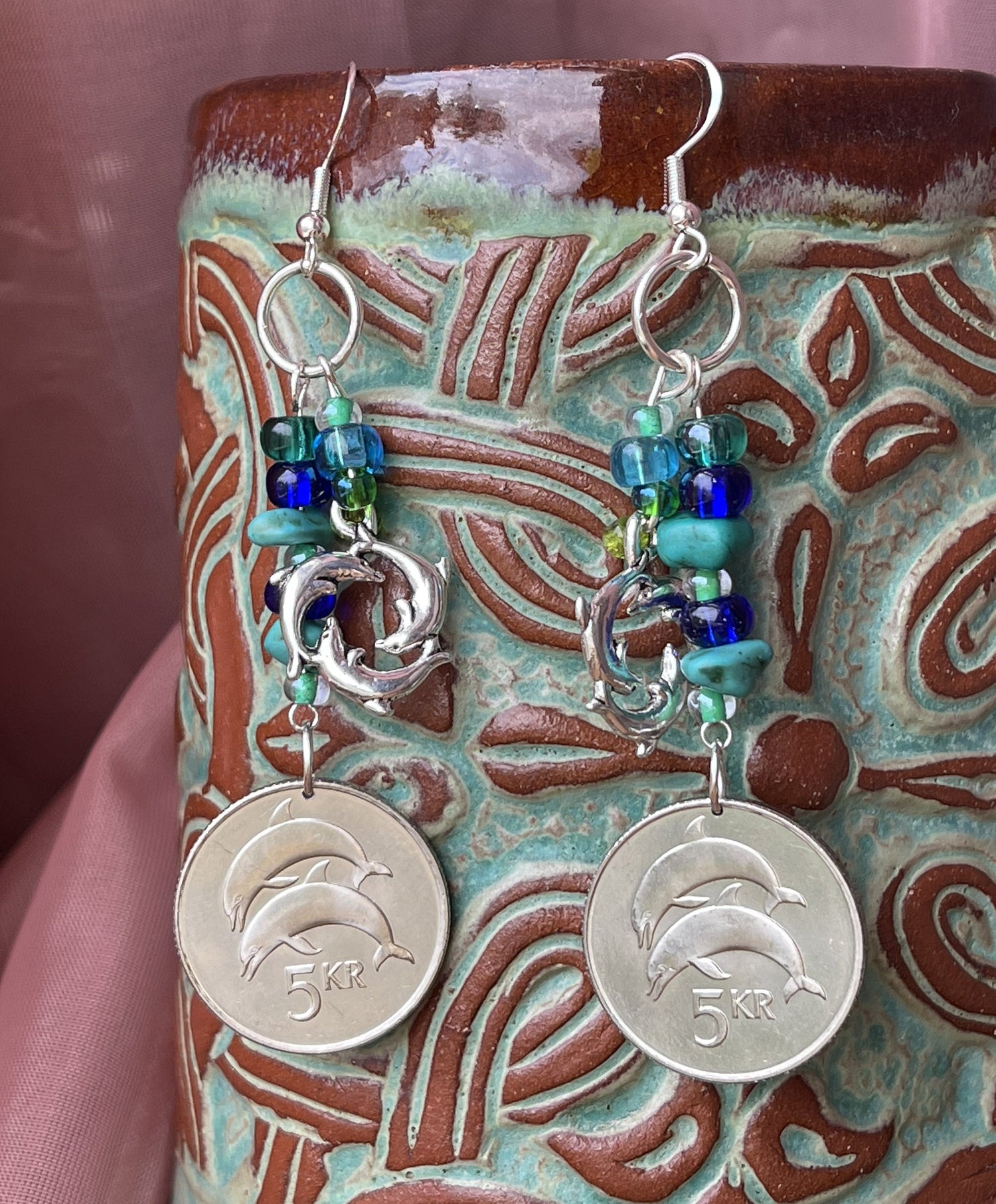 Dolphin coins dangle earrings - Earth Day Sterling Silver plated designer jewelry - Three dolphins sea life charm - blue glass turquoise gem