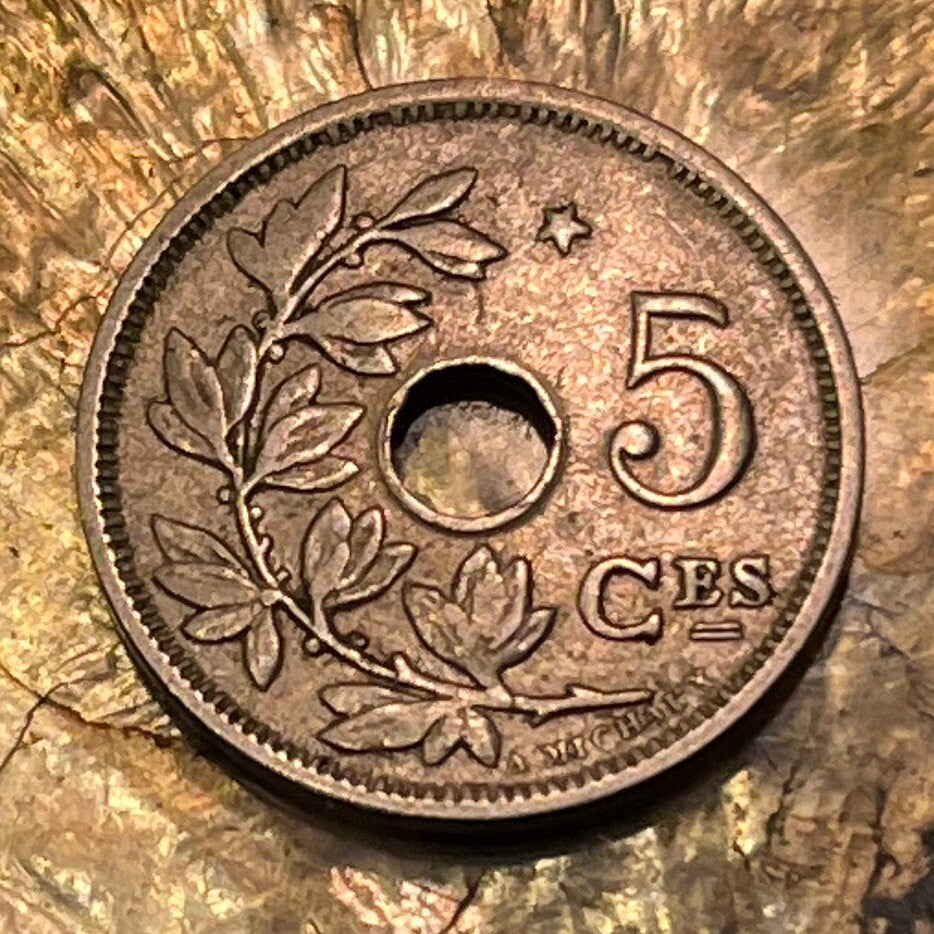 Olive Branch & Hole 5 Centimes Belgium Authentic Coin Money for Jewelry and Craft Making (Peace)
