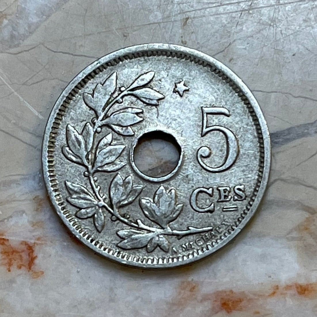 Olive Branch & Hole 5 Centimes Belgium Authentic Coin Money for Jewelry and Craft Making (Peace)