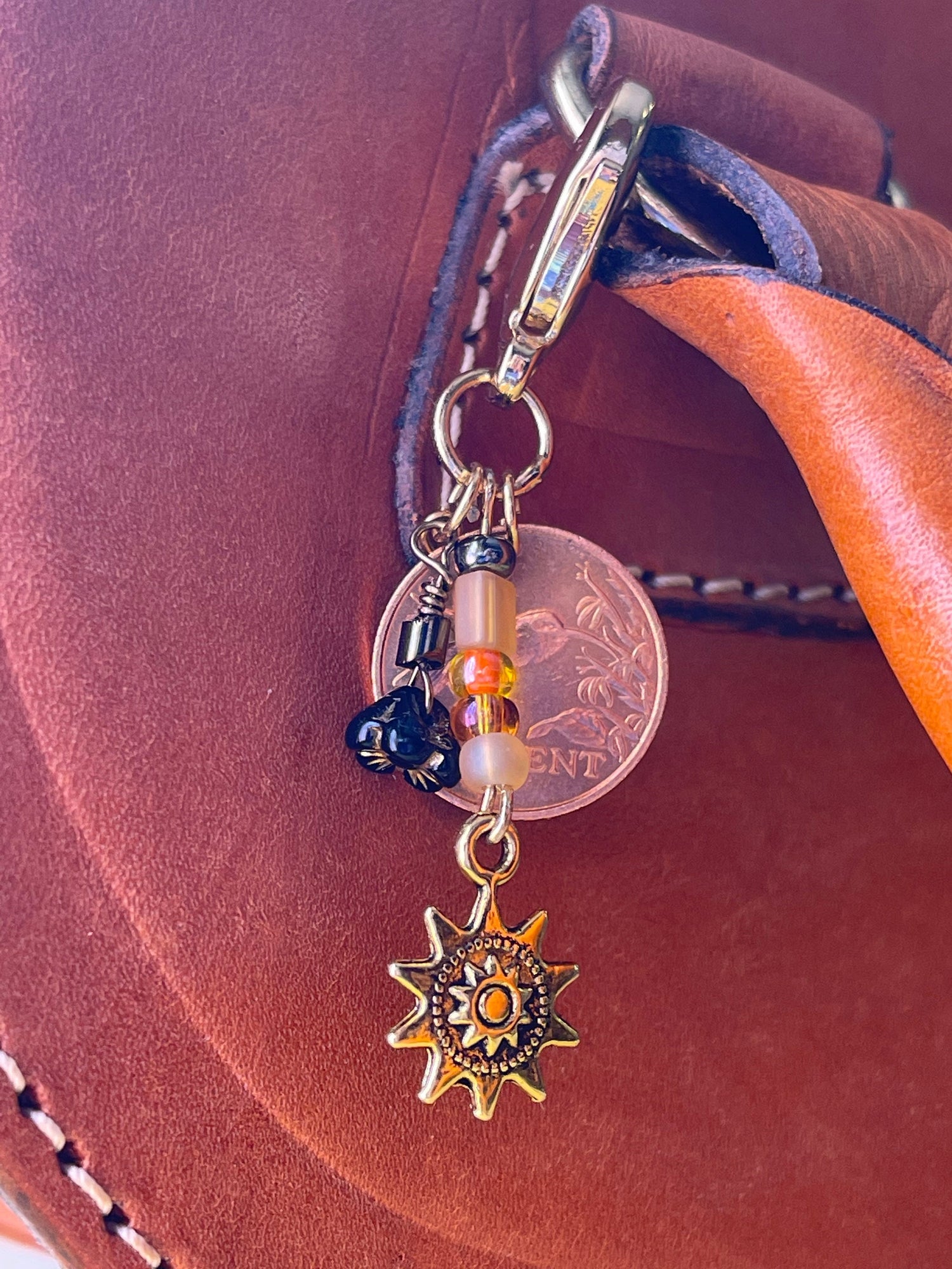 Hummingbird coin gold plated chunky accessory clip–flower and sun charm–purse or zipper–vintage Japanese glass dangle drops–designer jewelry