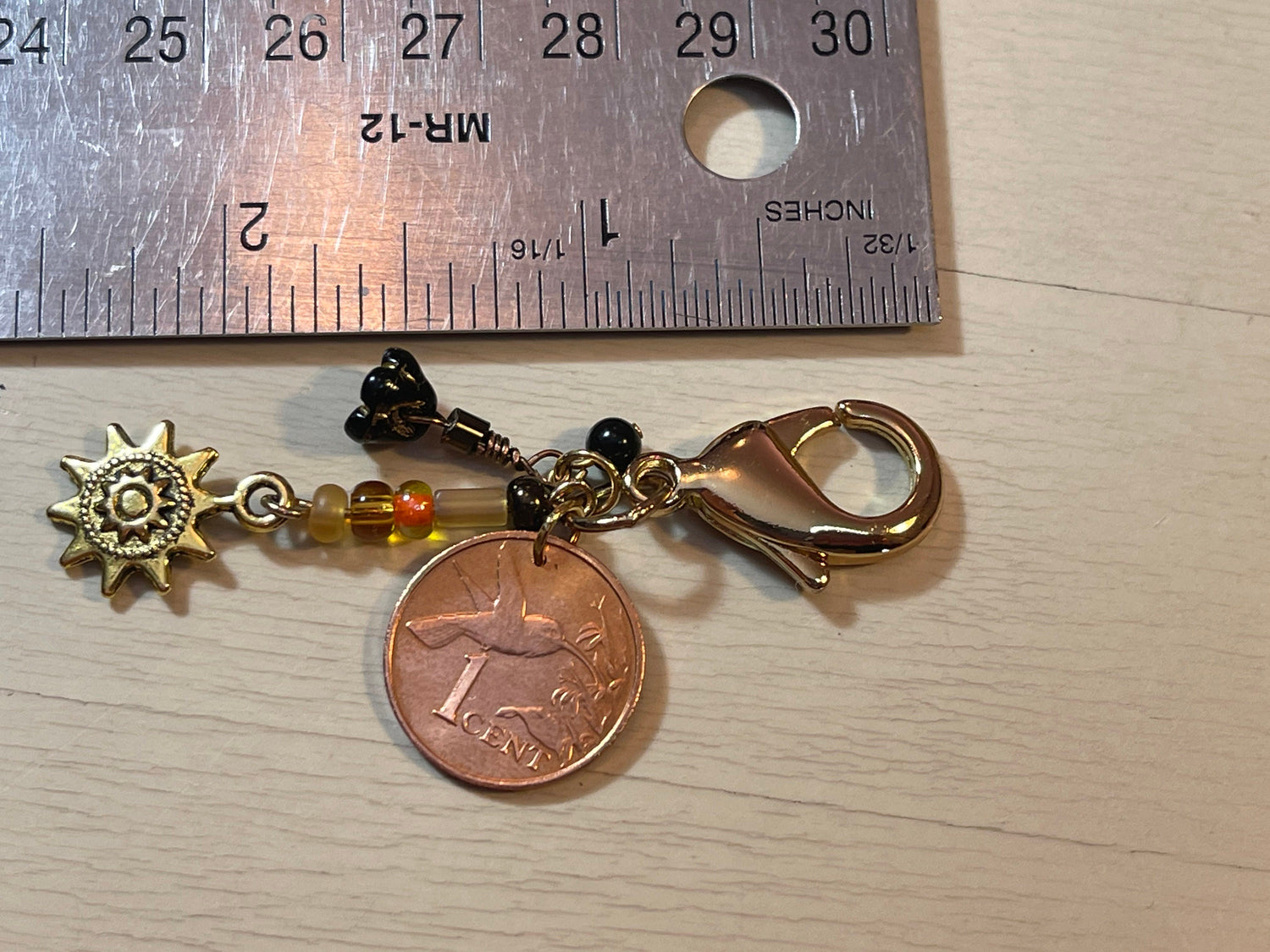 Hummingbird coin gold plated chunky accessory clip–flower and sun charm–purse or zipper–vintage Japanese glass dangle drops–designer jewelry