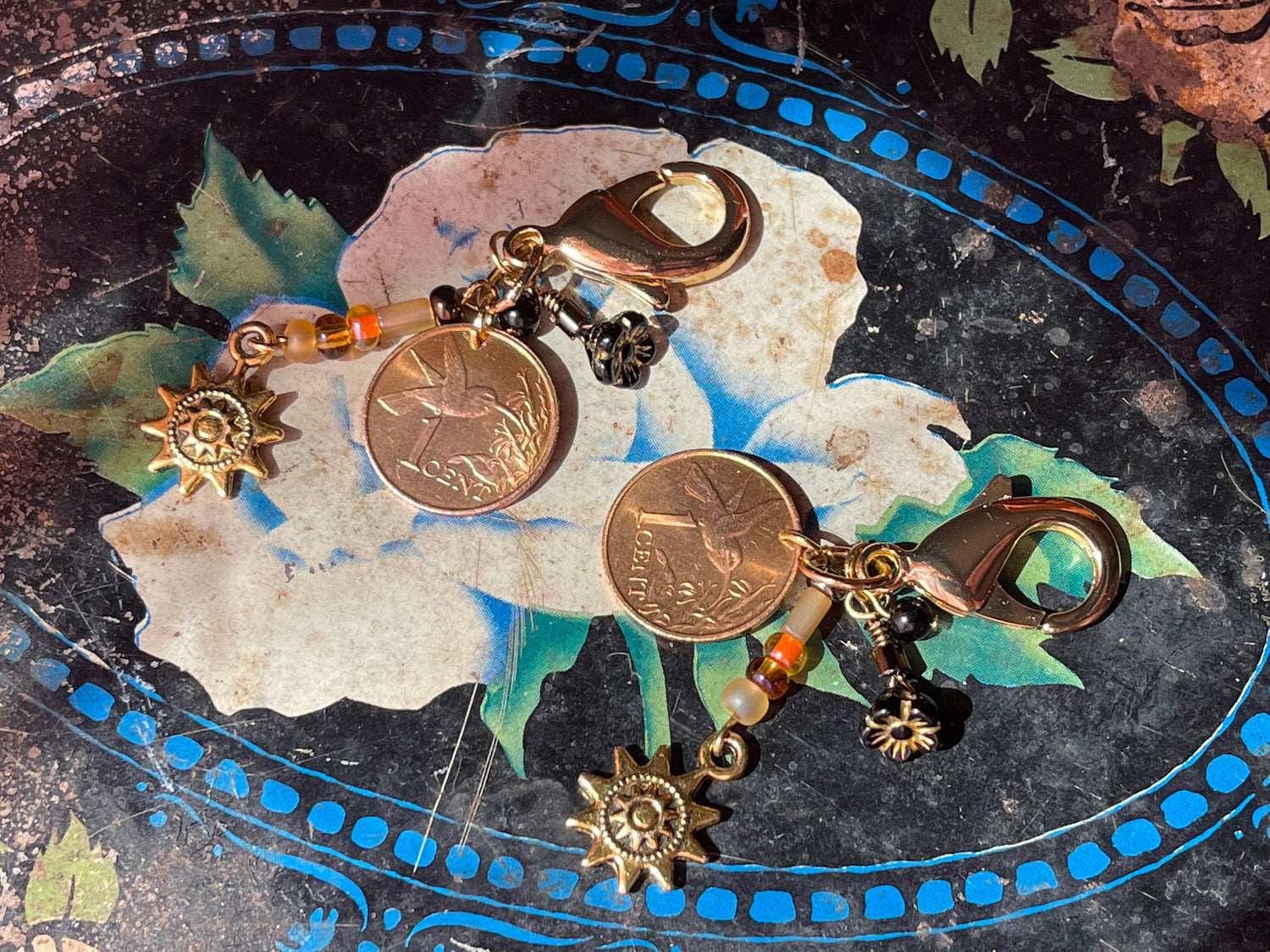 Hummingbird coin gold plated chunky accessory clip–flower and sun charm–purse or zipper–vintage Japanese glass dangle drops–designer jewelry