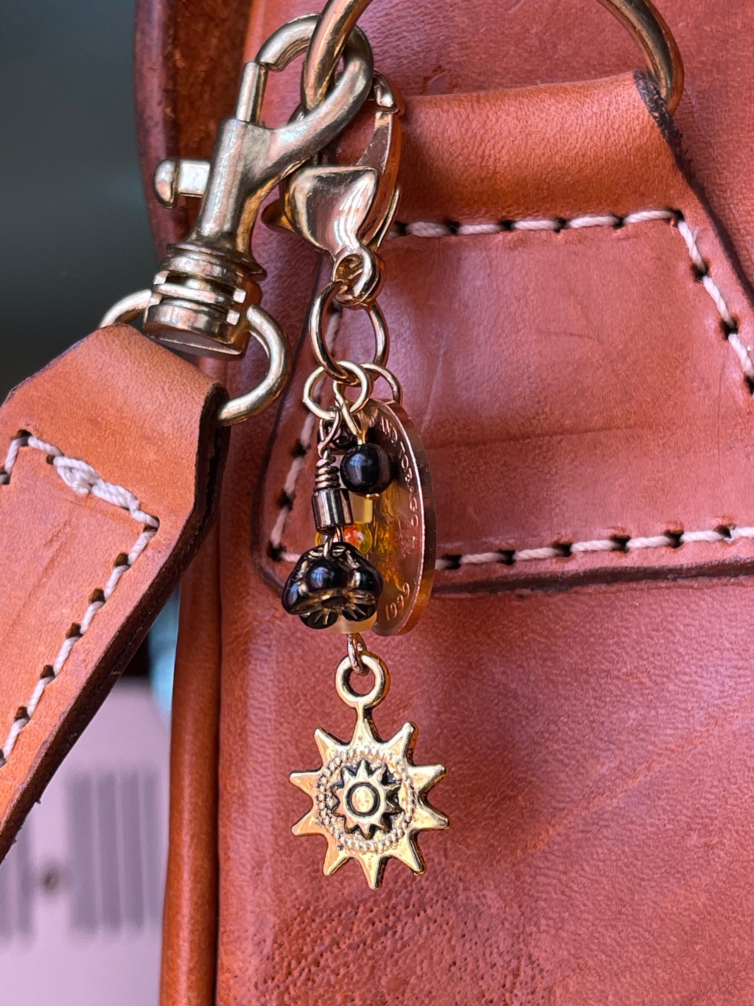 Hummingbird coin gold plated chunky accessory clip–flower and sun charm–purse or zipper–vintage Japanese glass dangle drops–designer jewelry