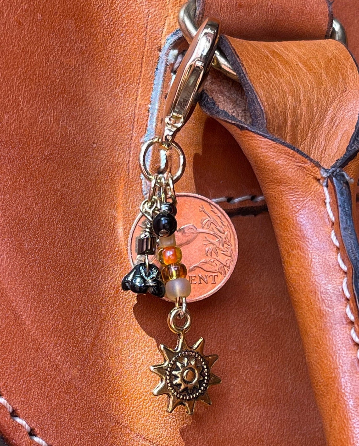 Hummingbird coin gold plated chunky accessory clip–flower and sun charm–purse or zipper–vintage Japanese glass dangle drops–designer jewelry