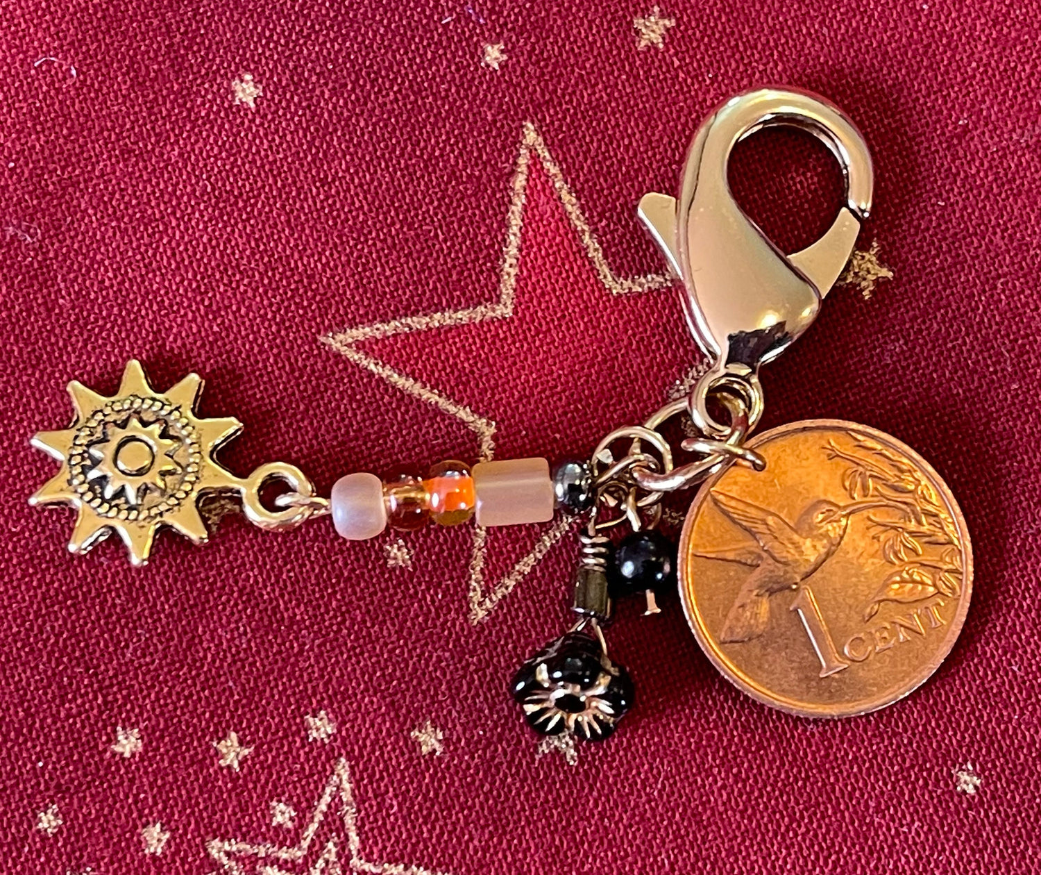 Hummingbird coin gold plated chunky accessory clip–flower and sun charm–purse or zipper–vintage Japanese glass dangle drops–designer jewelry