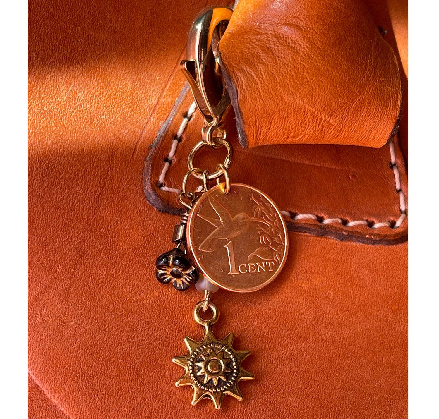 Hummingbird coin gold plated chunky accessory clip–flower and sun charm–purse or zipper–vintage Japanese glass dangle drops–designer jewelry