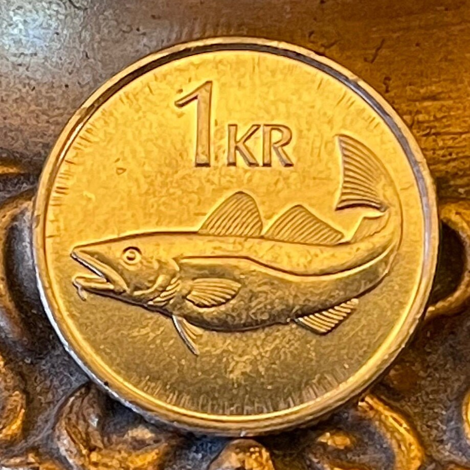 Cod Fish & Giant Bergrisi 1 Krona Iceland Authentic Coin Money for Jewelry and Craft Making