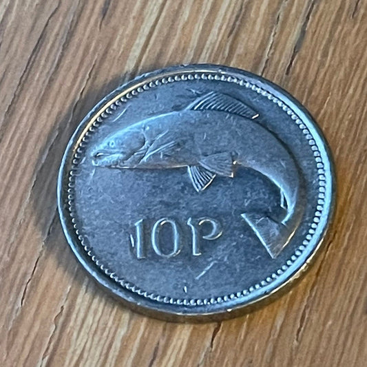 Atlantic Salmon & Harp 10 Pence Ireland Authentic Coin Money for Jewelry and Craft Making