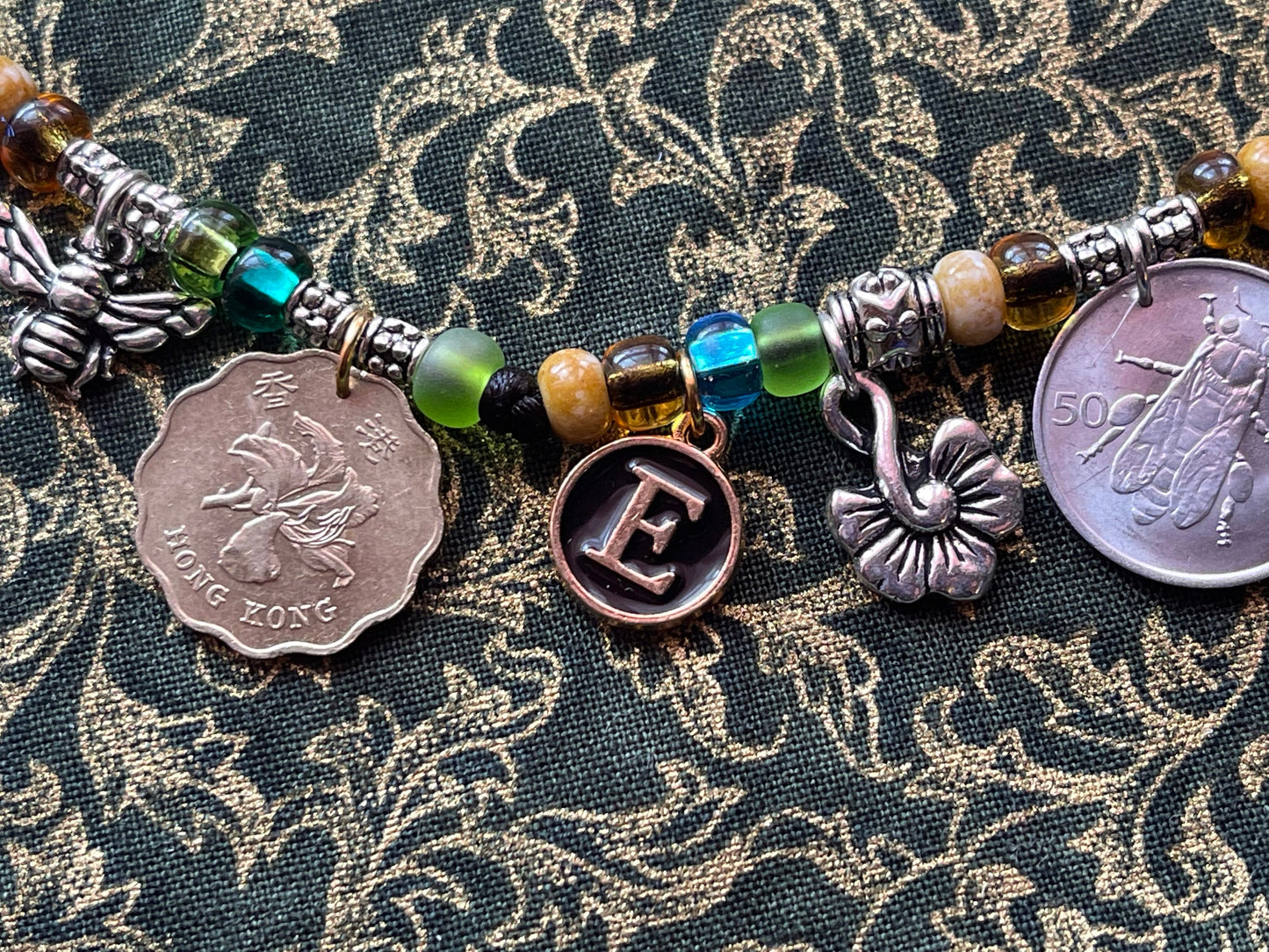 BEES necklace–coins, letter charms: honeybee-butterfly-hummingbird, flower coins–lotus orchid rose–bee charms–adjustable satin cord bead kit