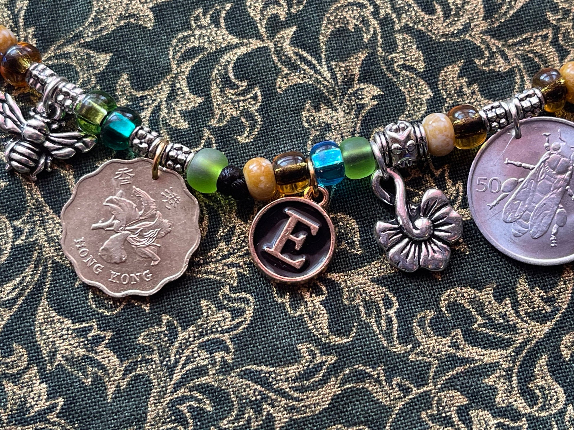 BEES necklace–coins, letter charms: honeybee-butterfly-hummingbird, flower coins–lotus orchid rose–bee charms–adjustable satin cord bead kit