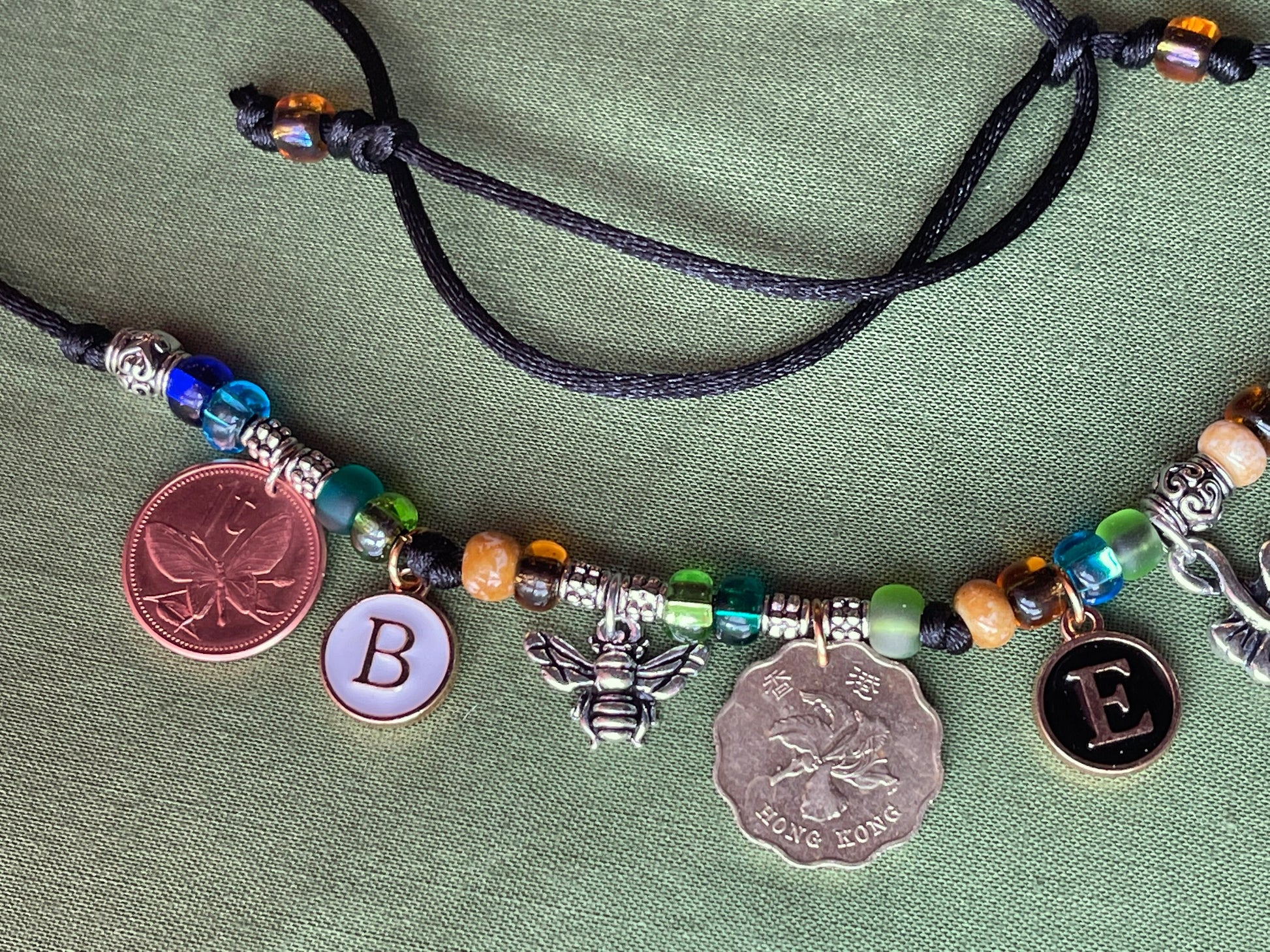 BEES necklace–coins, letter charms: honeybee-butterfly-hummingbird, flower coins–lotus orchid rose–bee charms–adjustable satin cord bead kit