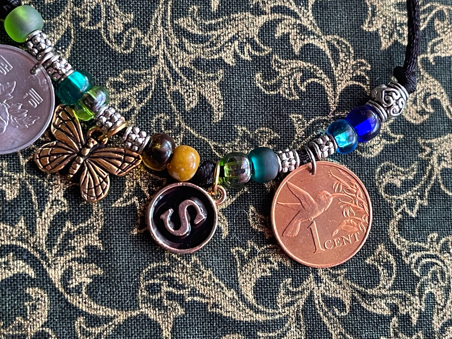 BEES necklace–coins, letter charms: honeybee-butterfly-hummingbird, flower coins–lotus orchid rose–bee charms–adjustable satin cord bead kit