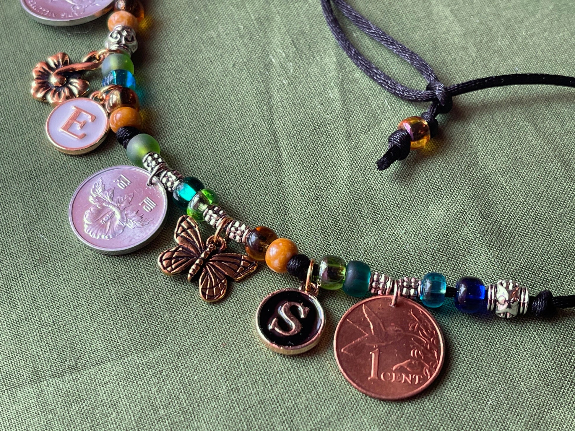 BEES necklace–coins, letter charms: honeybee-butterfly-hummingbird, flower coins–lotus orchid rose–bee charms–adjustable satin cord bead kit
