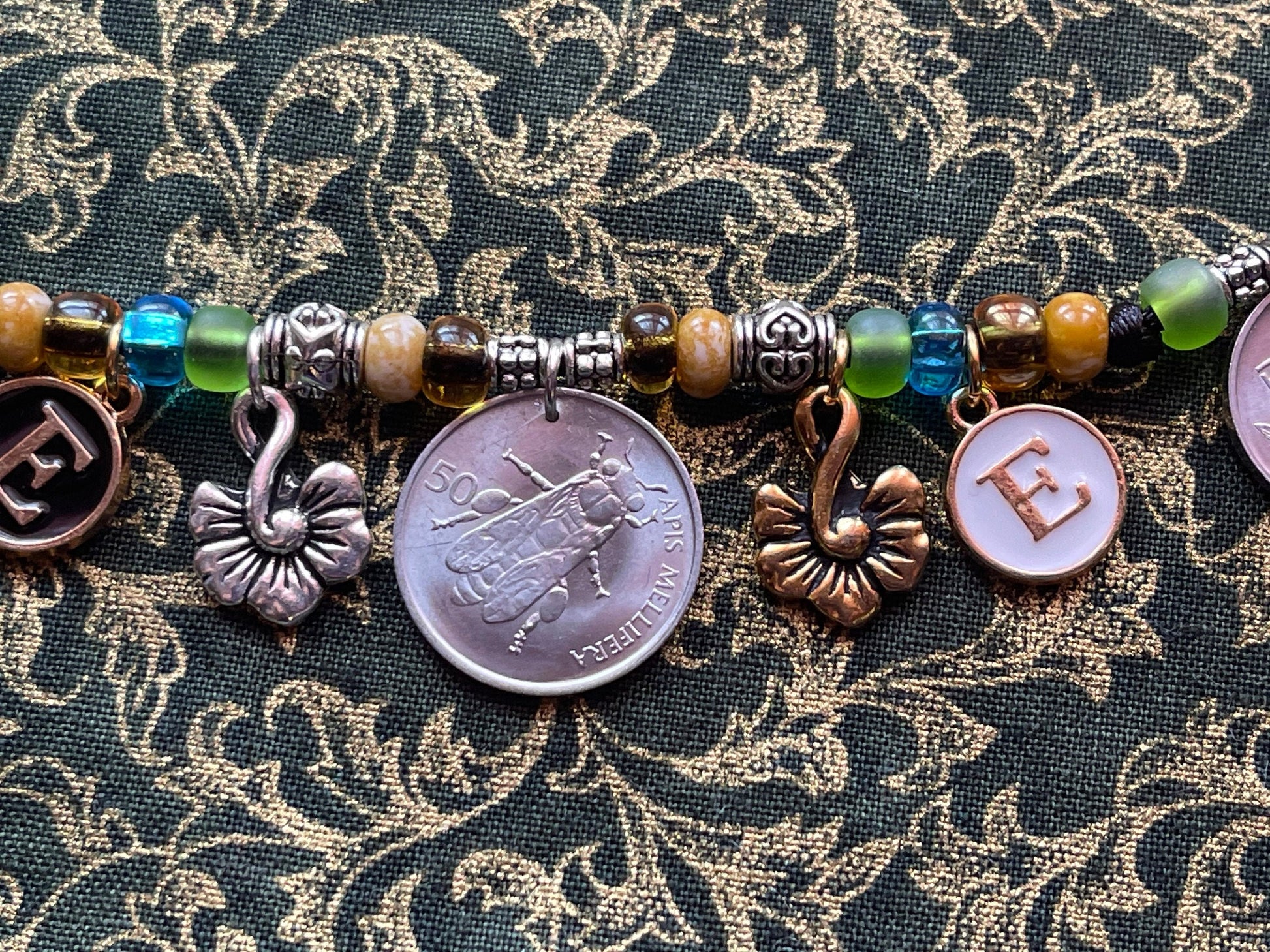 BEES necklace–coins, letter charms: honeybee-butterfly-hummingbird, flower coins–lotus orchid rose–bee charms–adjustable satin cord bead kit