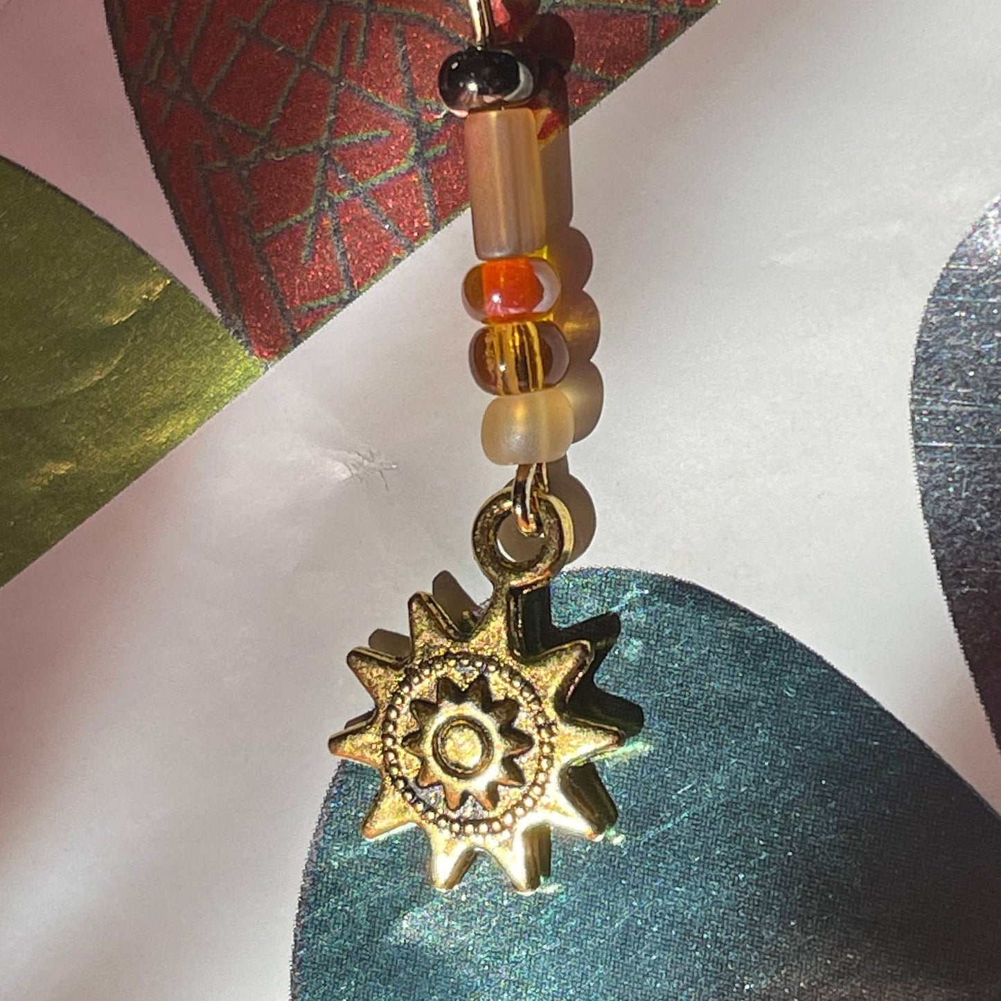 Sun charm gold tone pendant - antique golden charm - boho fashion brass compass - steampunk style - double sided -beaded drop - choose color