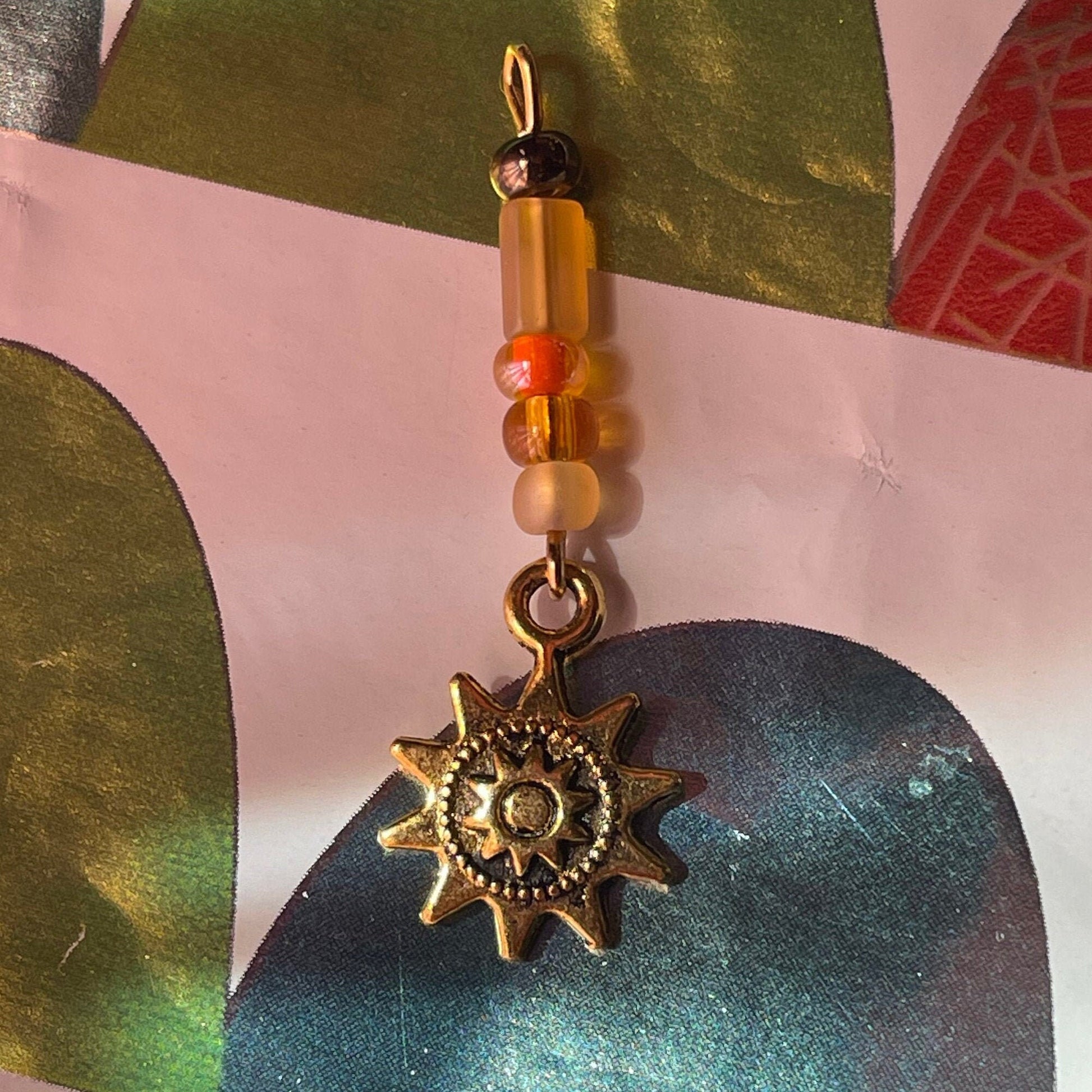 Sun charm gold tone pendant - antique golden charm - boho fashion brass compass - steampunk style - double sided -beaded drop - choose color