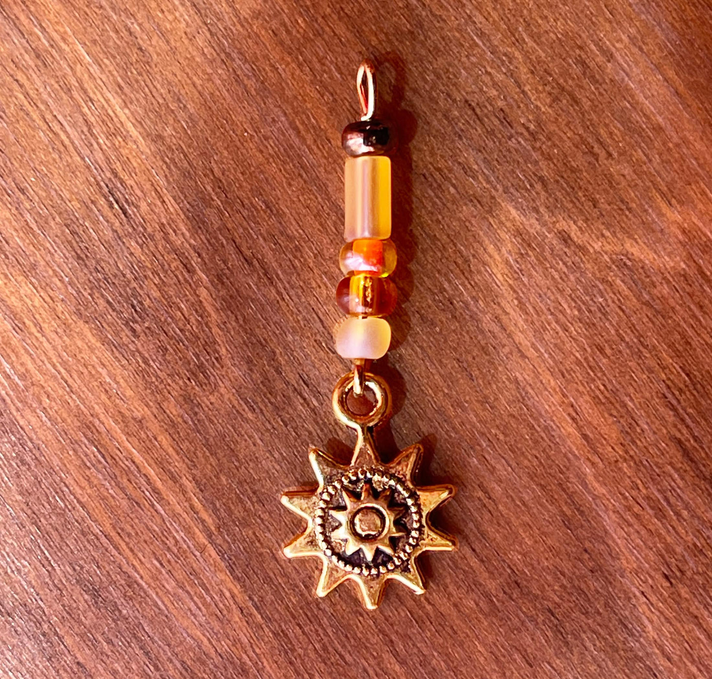 Sun charm gold tone pendant - antique golden charm - boho fashion brass compass - steampunk style - double sided -beaded drop - choose color