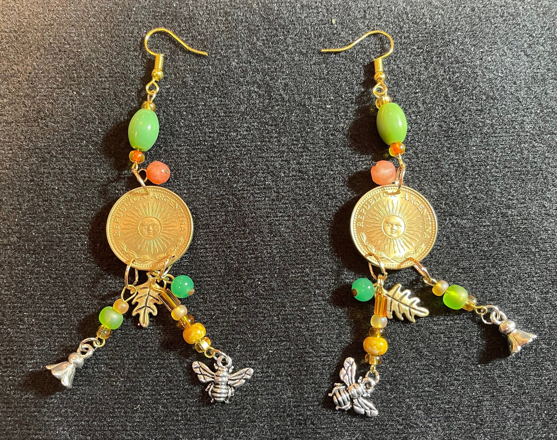Bee & sun long dangle earrings–Gold, silver plated designer jewelry–realistic bee flower coin charms–vintage glass beads–green, gold, orange