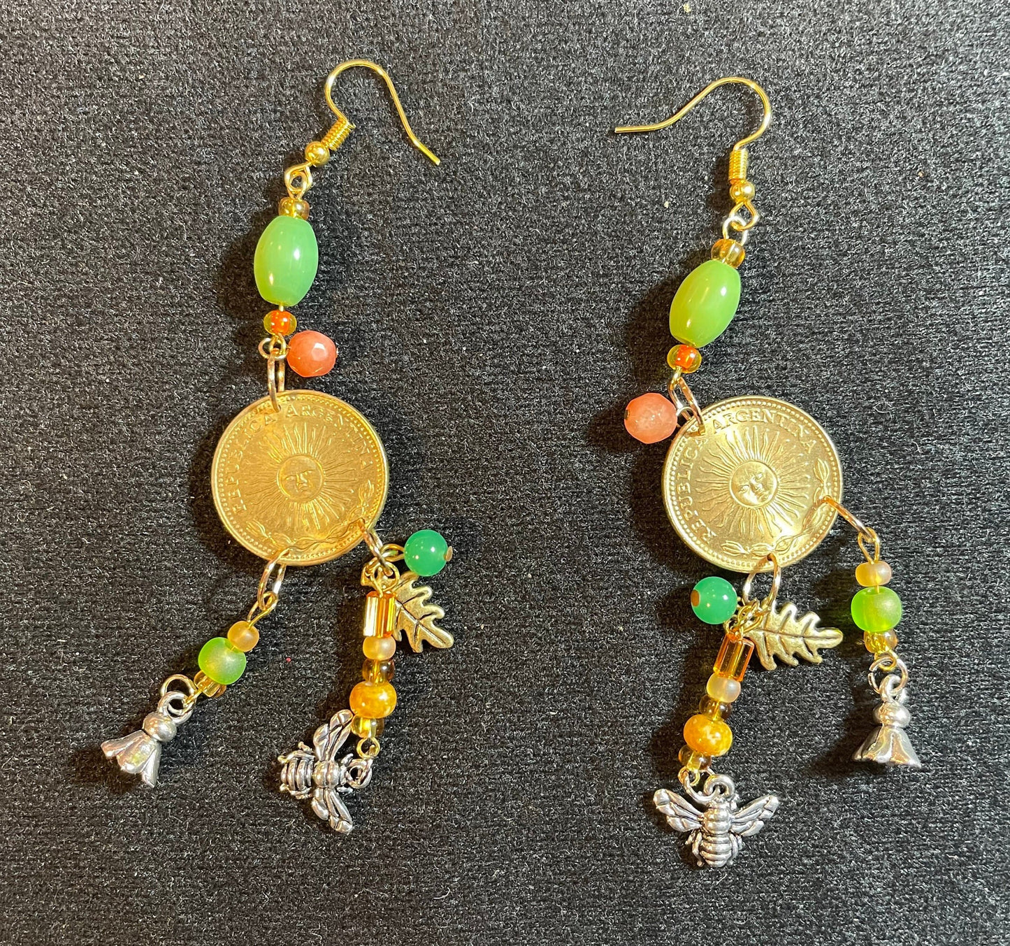 Bee & sun long dangle earrings–Gold, silver plated designer jewelry–realistic bee flower coin charms–vintage glass beads–green, gold, orange